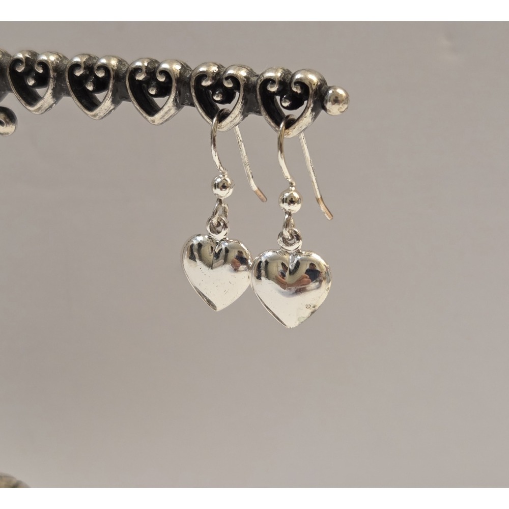 Vintage Sterling Silver IBB Puffy Heart Mirror Finish Dangle Earrings 925